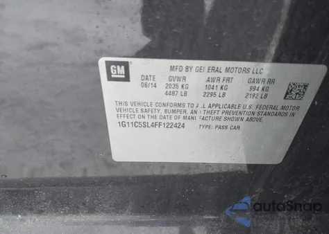 2015 Chevrolet Malibu 1Lt из США, поврежденный, VIN 1G11C5SL4FF122424